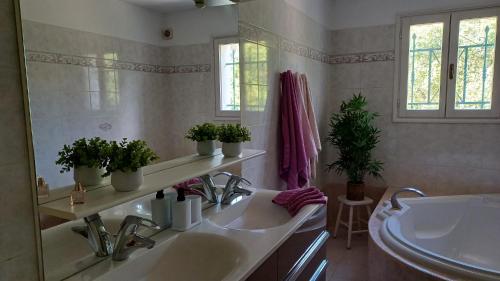 サン・ラファエルにあるVilla- Saint-Raphaëlのバスルーム(シンク2台、鉢植えの植物付)