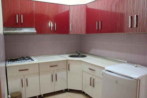a kitchen with red cabinets and a sink at Qala Masalli Resort in Masallı