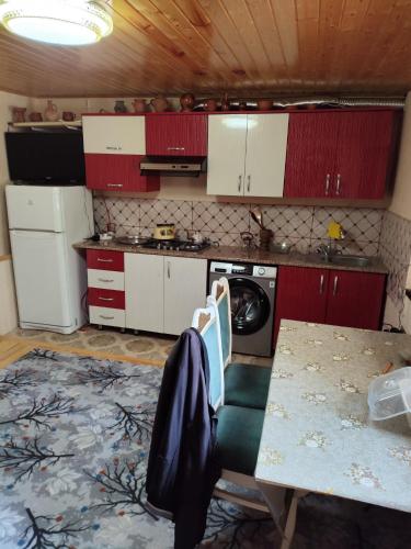 eine Küche mit roten Schränken und einem Tisch mit einer Waschmaschine in der Unterkunft Частный дом in Şəki