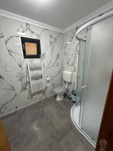 ein Badezimmer mit Toilette und einem Fernseher an der Wand in der Unterkunft Casa Stauder in Seini