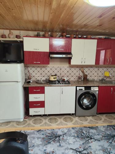 eine Küche mit weißen Schränken und einer Waschmaschine in der Unterkunft Частный дом in Şəki