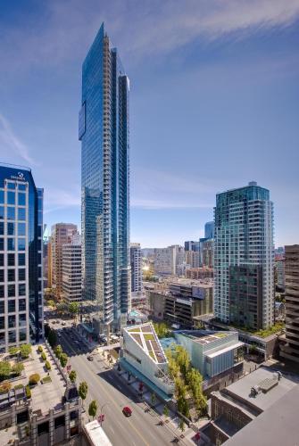 an aerial view of a city with tall buildings at Hyatt Vancouver Downtown Alberni in Vancouver