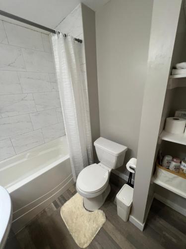 a bathroom with a toilet and a tub and a sink at Cozy Private Suite with Parking near restaurants in Regina