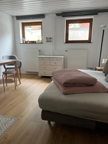 a bedroom with a bed and a desk and windows at Gemütliches Appartment im Souterrain in Olching