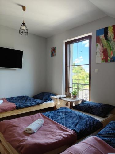 a room with three beds and a window and a tv at Słoneczne apartamenty Zator blisko Energylandii in Zator