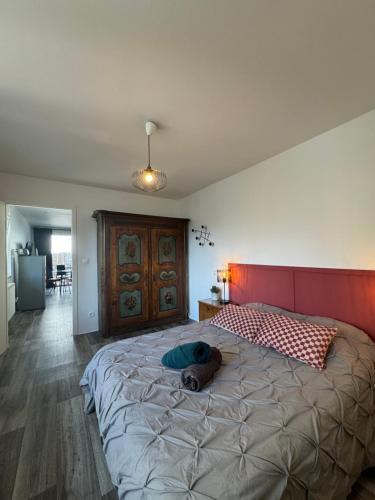 a bedroom with a large bed with a red headboard at LA TERRASSE SELESTADIENNE in Sélestat