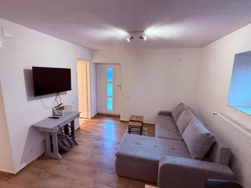 a living room with a couch and a flat screen tv at AGRO house LIKA in Gospić
