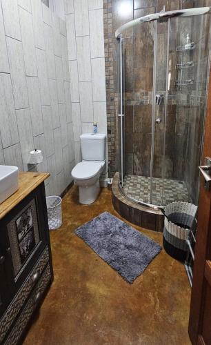 a bathroom with a shower and a toilet and a sink at Upstairs R-3 Self Catering Unit in White River