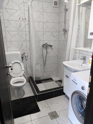 a bathroom with a shower with a toilet and a sink at Planinska Kuca "KABLAR" Jahorina in Ćetinište