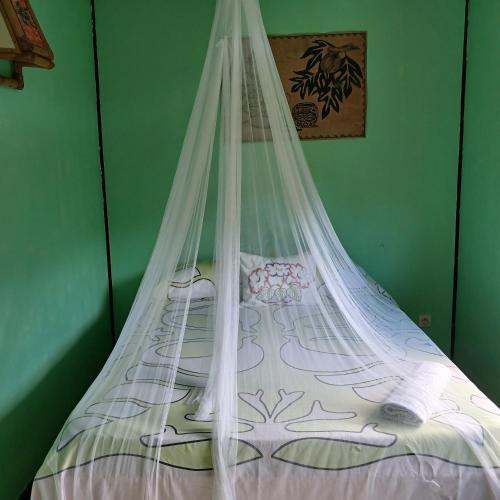 a bed with a mosquito net in a room at Hoakehu Lodge hoakua in Nuku Hiva
