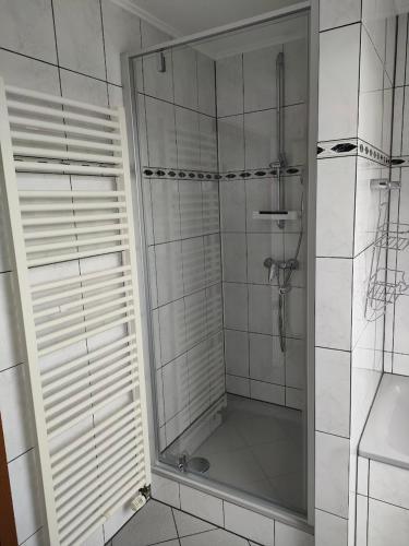 a shower with a glass door in a bathroom at Ferienwohnung Thoebarth in Wachtendonk