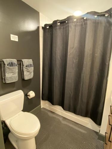 a bathroom with a toilet and a black shower curtain at Optimum - Downtown Oasis in Birmingham