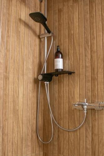 a shower with a soap dispenser on a wall at Heart of Istria in Stari Pazin
