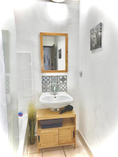 une salle de bain avec un lavabo et un miroir dans l'établissement Appartement Centre Ville, à Carcassonne