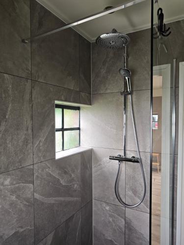a shower with a glass door in a bathroom at Vakantiehuisje 'De Uithof' in Oosterhesselen