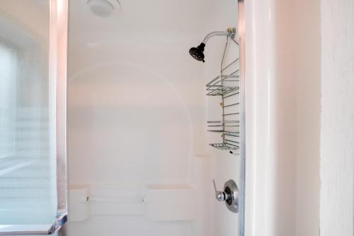 a bathroom with a shower with a towel rack at Pool Table and Deck Luxury Mansion in Niskayuna! in Niskayuna