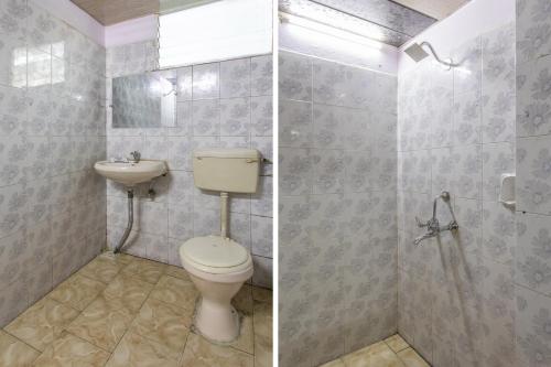 two pictures of a bathroom with a toilet and a sink at Super Hotel O Santushti in Dewās