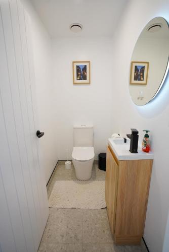 a bathroom with a toilet and a sink and a mirror at Northland Nest By Aotearoa Escapes in Whangarei