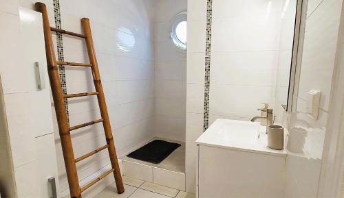 a bathroom with a shower with a sink and a ladder at KANEL - Votre havre de paix à lAnse Mitan in Les Trois-Îlets