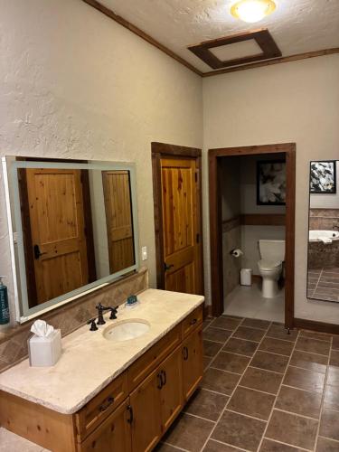 a bathroom with a sink and a mirror and a toilet at Stonewater Cove in Shell Knob