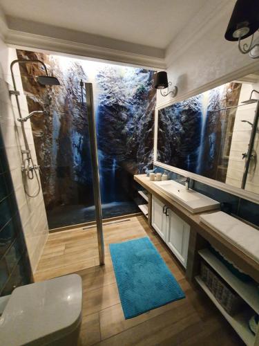 a bathroom with a large painting on the wall at Sosenkowe Apartamenty in Kuźnica Głogowska
