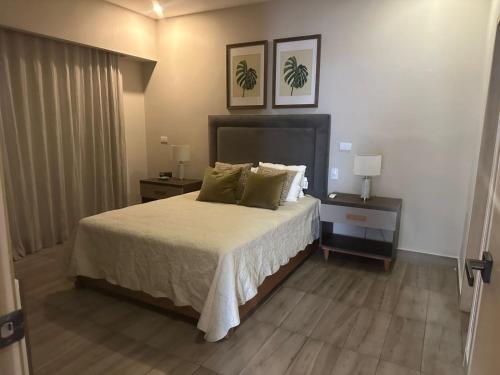 a bedroom with a bed with two night stands and two lamps at PIANTINI APARTAMENTO DE LUJO Piscina en el top in Santo Domingo