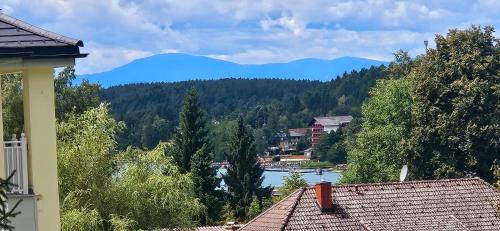 a view of a river and mountains from a house at Seensucht Klopeinersee in Völkermarkt