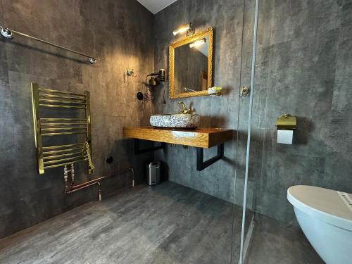 a bathroom with a sink and a mirror at Hotel Velká Klajdovka in Brno