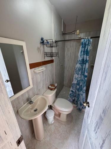 a bathroom with a sink and a toilet and a mirror at Hotel Recreacional Marcelandia Santa Rosa de Cabal in Santa Rosa de Cabal