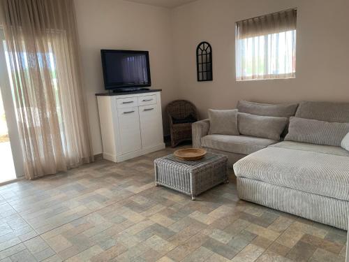 a living room with a couch and a flat screen tv at Apartments & Wellness Diva in Barber