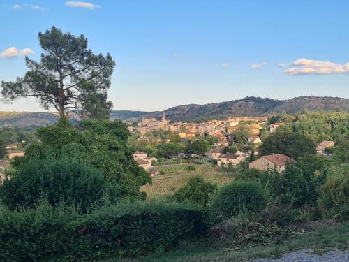 a small village on a hill with a tree at Charmant chalet en bois - Ardèche in Joyeuse