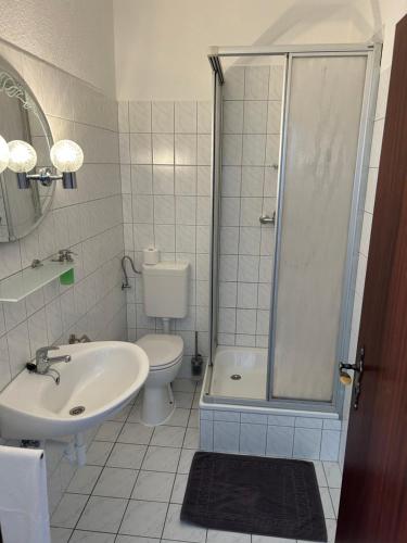 a bathroom with a sink and a toilet and a shower at Gasthof zur Tanne 2 in Alleringersleben