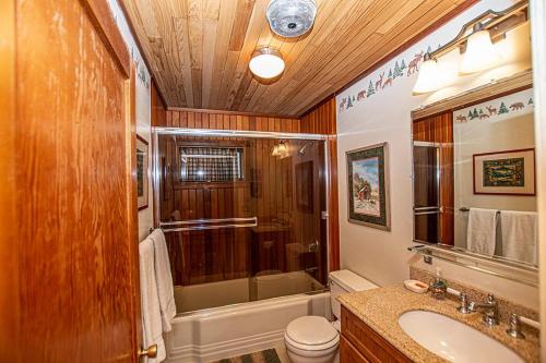une salle de bain avec douche, lavabo et toilettes dans l'établissement Fir Forest Cottage By Hauserman Rentals, à Tahoe City
