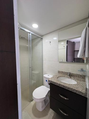 a bathroom with a toilet and a sink and a shower at Casa Seganis in Bogotá