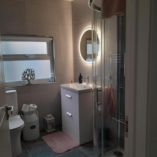 a bathroom with a sink and a shower and a toilet at Rose Cottage in Killybegs