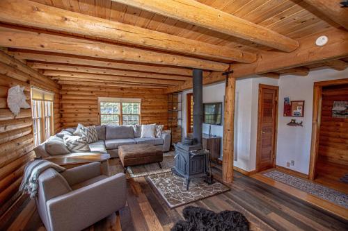 a living room with a couch and a stove at Little Bear Cabin By Hauserman Rentals in Tahoe Vista