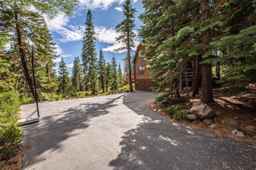 a road leading to a house in the woods at Little Bear Cabin By Hauserman Rentals in Tahoe Vista