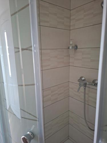 a bathroom with a shower with a shower head at Gyöngyvirág Apartmanház in Zalakaros