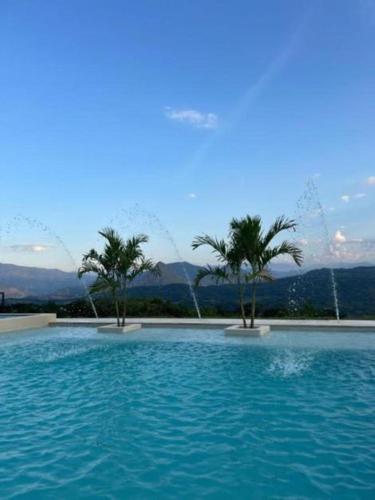 a swimming pool with palm trees in the background at Fina Estampa Country Hotel by HMC - Mayores de 10 años - in Támesis