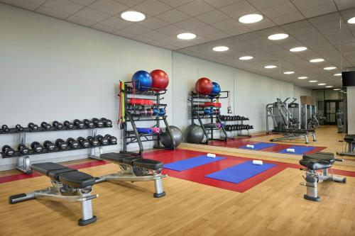 a fitness room with a gym with weights and equipment at Sheraton Suites Chicago O'Hare in Rosemont
