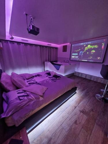 a bedroom with a bed and a large tv at L'escale du Donon - Chambre Blanche in Grandfontaine