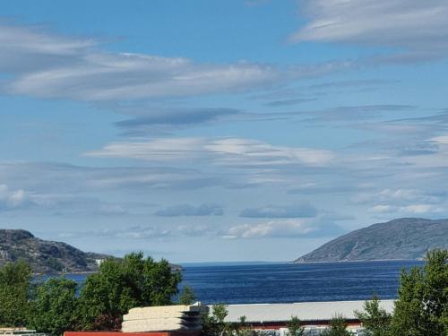 a view of a body of water with mountains at Koselig Feriehus ved Kirkenes sentrum in Kirkenes
