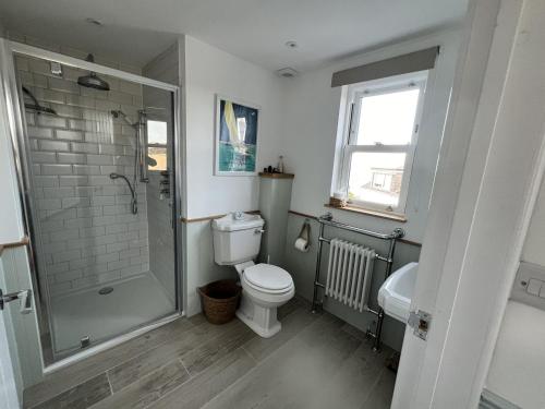 a bathroom with a toilet and a shower and a sink at Still Waters in Brixham