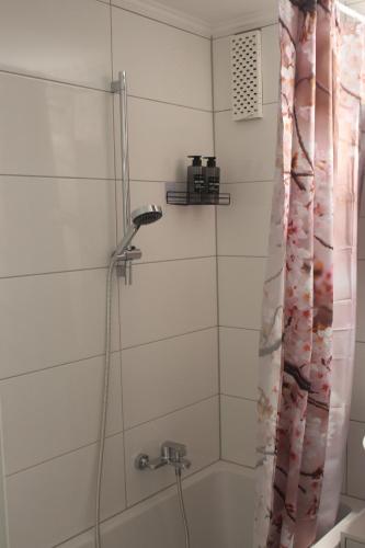a bathroom with a shower with a shower curtain at Hilton Apartment Styles in Pforzheim in Pforzheim