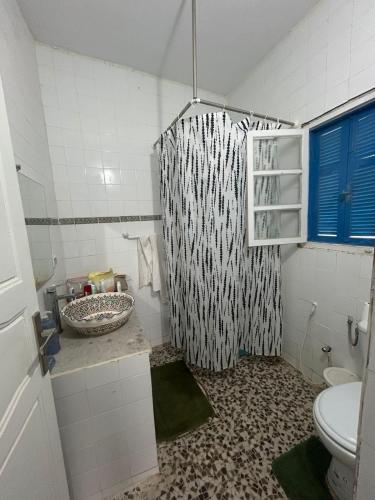 a bathroom with a shower with a sink and a toilet at Dar El Amel in Mellita