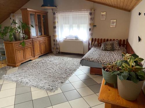 a bedroom with a bed and a window and a rug at Damentka's Nest in Warsaw
