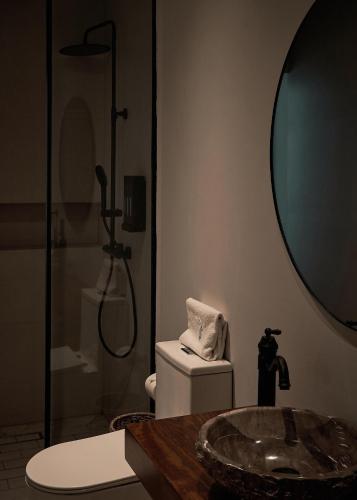 a bathroom with a sink and a shower at Casa Irene Hotel Boutique y Spa in San Luis Potosí