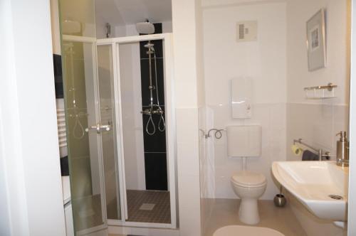 ein Bad mit einer Dusche, einem WC und einem Waschbecken in der Unterkunft Altstadtappartement Königswinter in Königswinter