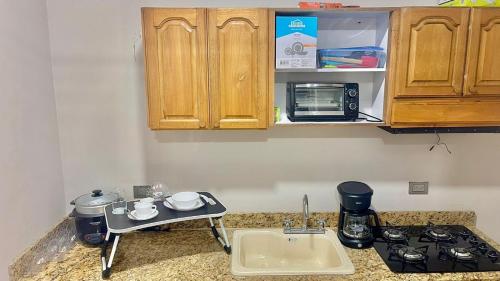 a kitchen counter with a stove and a sink at Casa Kyros Boutique in Medellín