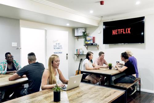 a group of people sitting at tables with a laptop at Mad Monkey Broadway in Sydney